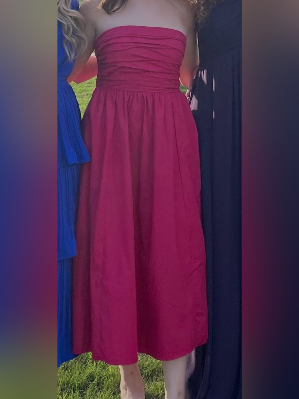 Abercrombie & Fitch Strapless Ruched Bodice Midi Dress in Berry